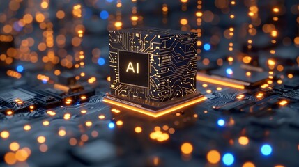 An AI microchip on a circuit board, highlighting advanced technology and artificial intelligence inside a detailed futuristic computer