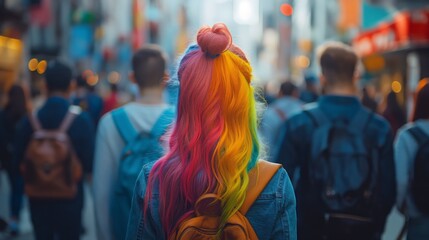 Obraz premium A unique woman with dyed hair stands out in a crowd of people showing how she is different while highlighting her individuality and uniqueness