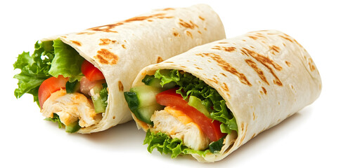 Tortilla wrap with fried chicken meat and vegetables. Shawarma fast food isolated on white background
