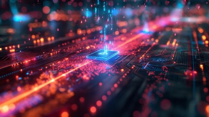 Fototapeta premium An AI microchip on a circuit board, highlighting advanced technology and artificial intelligence inside a detailed futuristic computer