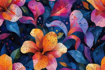 Abstract Floral Illustration with Vibrant Colors and Dotted Patterns