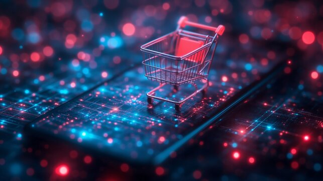 A futuristic representation of online shopping with a digital shopping cart on a glowing smartphone interface, showcasing modern e-commerce technology and innovation