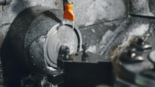 Close-up of an industrial lathe machine precisely cutting and shaping a metal cylinder with coolant fluid for lubrication