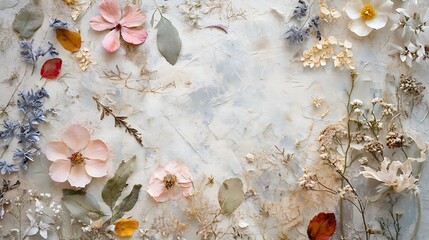Fototapeta premium Pressed Flowers and Leaves on a Textured White Background