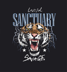 wild sanctuary slogan with roaring tiger head hand drawn vector illustration on black background