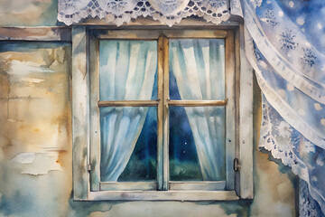 A window with white curtains is shown in a painting. The curtains are open, and the window is framed by a wooden frame. The painting has a serene and peaceful mood
