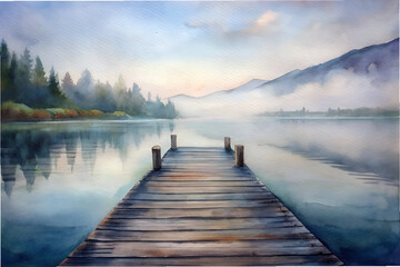 Naklejka premium A painting of a dock with a wooden pier and a body of water. The mood of the painting is serene and peaceful