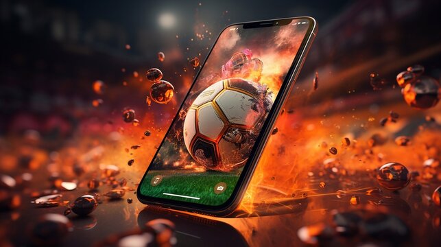 Bookmaking, sports betting. Mobile phone with football player on screen