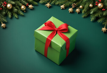 A green gift box with a red bow, surrounded by christmas ornaments and light