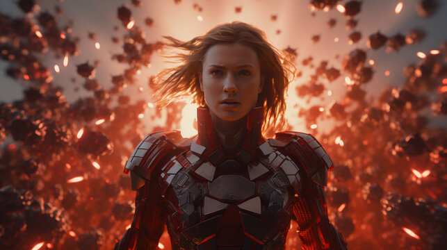 Action shot with woman in the sci-fi battle scene, superhero surrounded by sparkles. Dynamic scene in action movie blockbuster style.