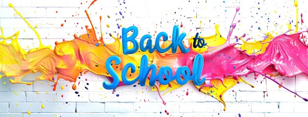 Colorful Back to School Banner with Paint Splashes on White Brick Wall