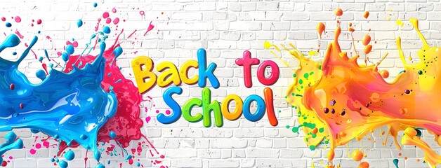 Colorful Back to School Banner with Paint Splashes on White Brick Wall