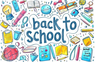 Start School Concept: Supplies on Desk with Rocket Drawn on White board