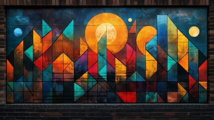 Geometric abstract graffiti wall mural with vibrant shapes and patterns, symbolizing creativity, community, and urban culture through diversity using street art