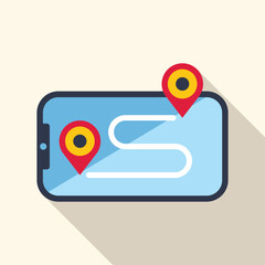 Smartphone is showing road with two navigation pins marking starting point and destination point