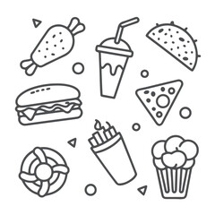 Fast food and drink outline icons doodle