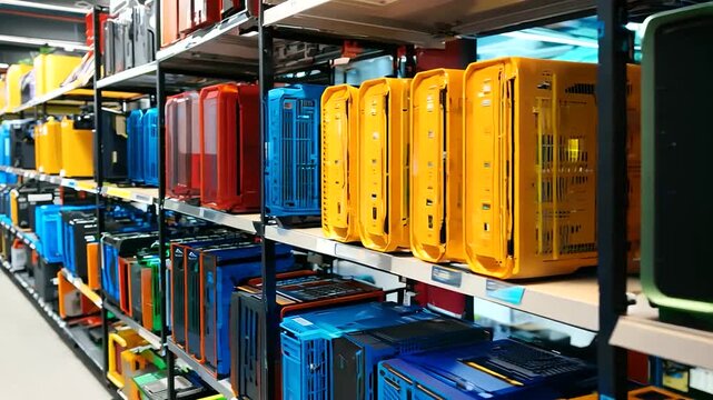 A row of colorful PC desktop computer cases neatly arranged on shelves in a technology store, showcasing variety and choice for buyers