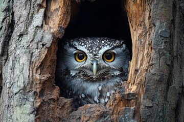 An owl hides in a hollow tree