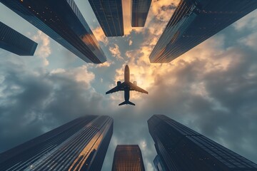 Airplanes flying over business buildings in the city skyscrapers