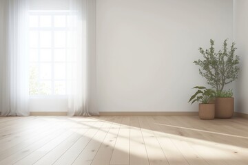 Fototapeta premium Indoor plants on wooden floor with white wall background