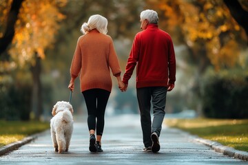 Obraz premium Retirement people exercise and walking with dogs in the park