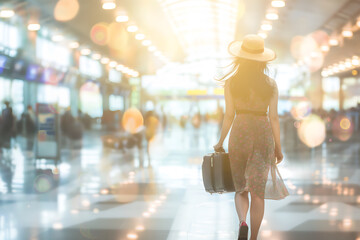 Naklejka premium Back view of a female traveler in a hat walks through an airport terminal with her bag