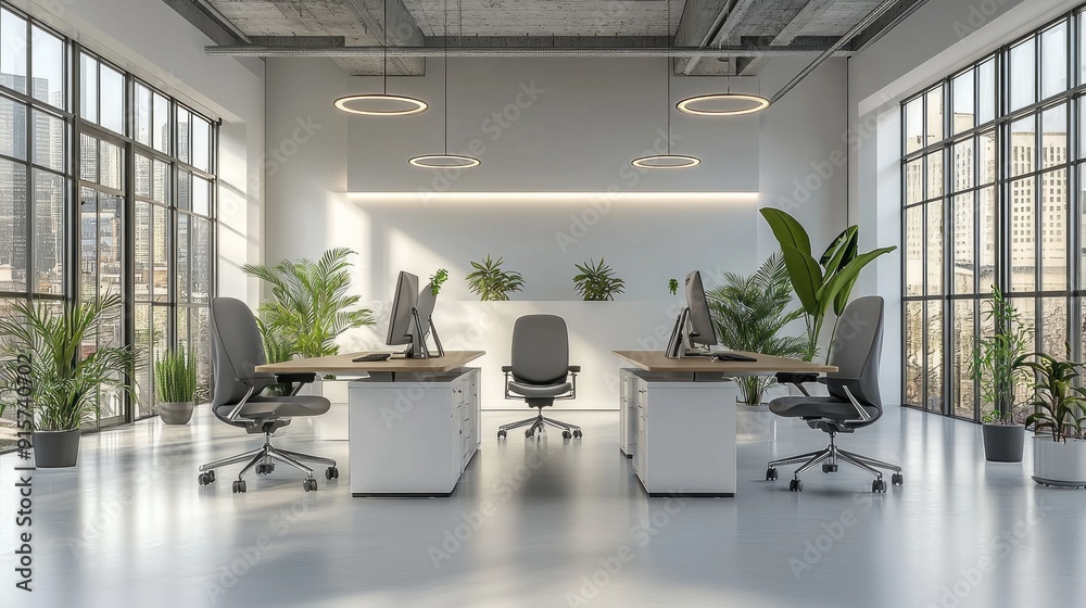 Aufkleber A large open office space with three desks and three chairs