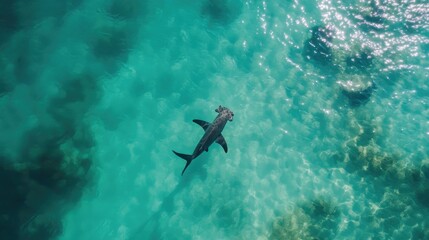 Fototapeta premium An Overhead View of a Hammerhead Shark Swimming in Clear Turquoise Water