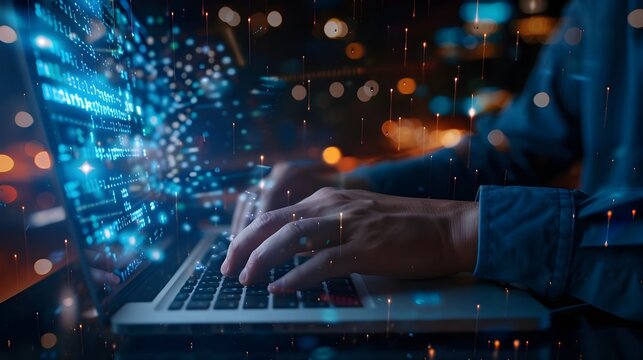  A man surfing the internet on a modern computer against a backdrop of cutting-edge, futuristic technology - Powered by Adobe