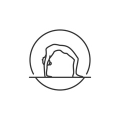 Yoga Pose Icon. Line Woman of Wheel in circle. Pilates Movement Symbol. Woman Gymnastic Signature. Exercise Sport Warm Up Graphic Resource. Stretching Exercise, Yoga Pilates Studio Logo. Spa lounge.