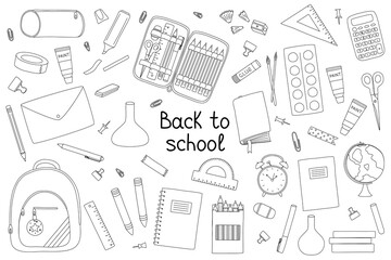 Back to school elements set, doodle style flat vector outline for coloring book