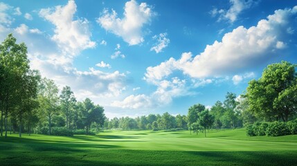 Green golf course with trees, blue sky, and beautiful clouds.