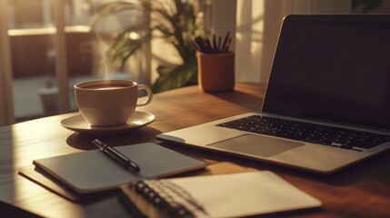 Laptop, Coffee, Notebook and Pen on a Wooden Desk