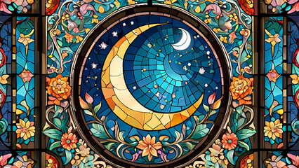 Mosaic art design with the theme of the beauty of the crescent moon