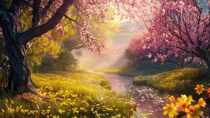Enchanted Forest with Blossoming Trees and a Stream