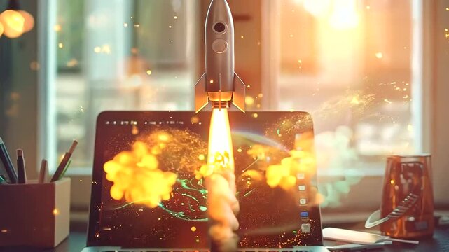 Energetic rocket taking off from a laptop on an office table, symbolizing the development and growth of a new business startup's product