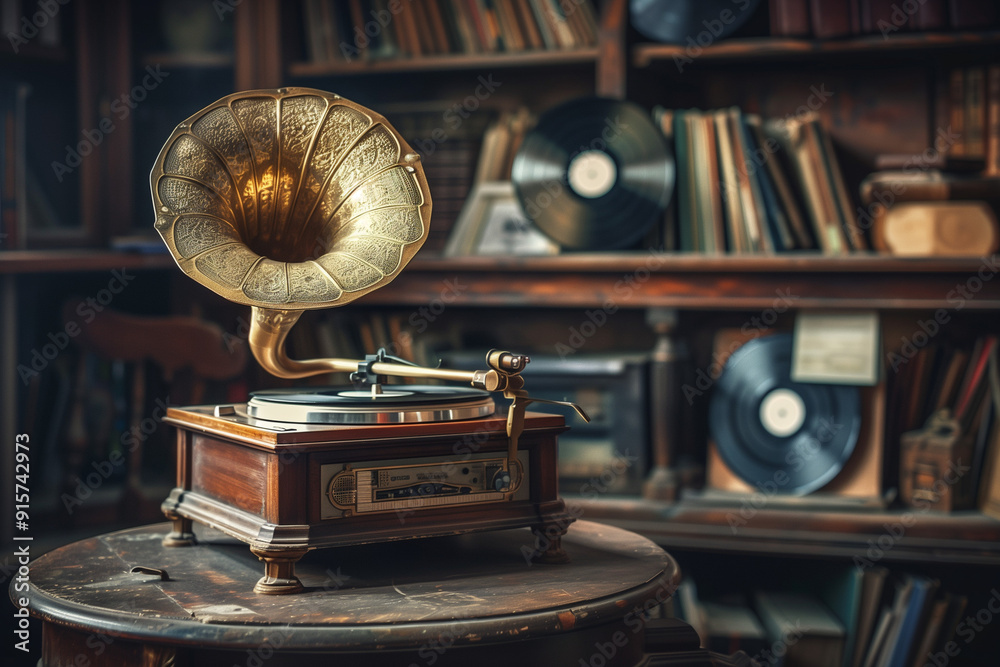 Wall mural vintage gramophone on a wooden table