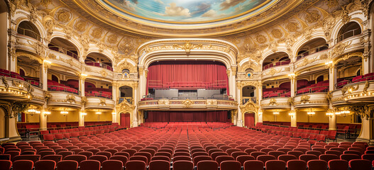 Obraz premium Grand Opera House & Historical Architecture. Inside a Magnificent Opera House: Red Velvet Seats, Ornate Balconies, and a Painted Ceiling. Architecture, Culture, Performance Concept.