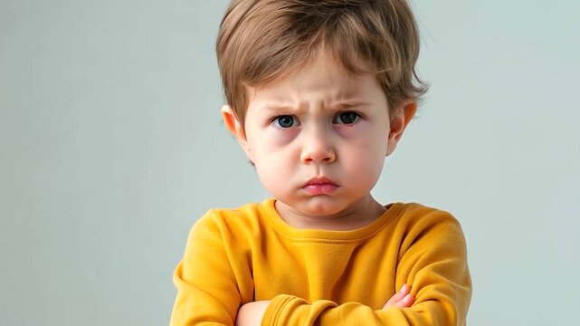 An upset little boy standing with crossed arms, looking frustrated in a studio shot, depicting annoyed and unhappy toddler emotions