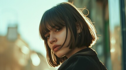Fototapeta premium A girl with a stylish brown bob haircut poses elegantly for a magazine shoot