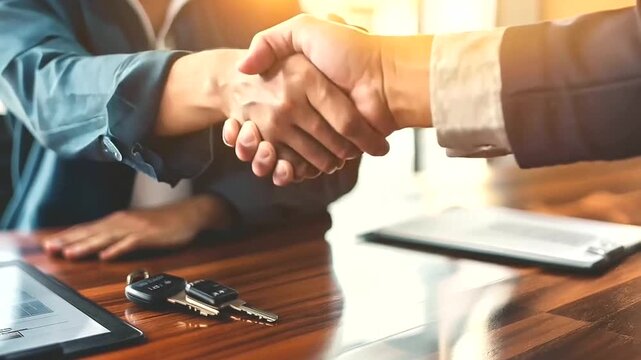 Close-up of a handshake signifying a successful car sale, with the keys to the new car visible on the desk