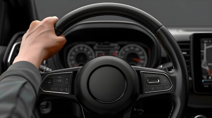 grasping the steering wheel with one hand. Car panel generic. The viewpoint of the driver. The viewpoint of the driver. 
