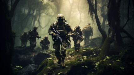 Soldiers in combat gear with camouflage paint on faces navigate jungle path with rifles