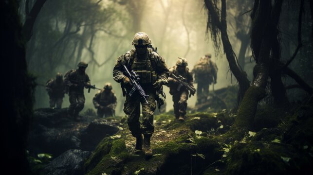 Soldiers in combat gear with camouflage paint on faces navigate jungle path with rifles - Powered by Adobe