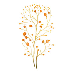Watercolor illustration of a delicate, stylized branch with round, orange-colored leaves.