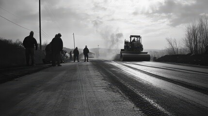 Construction workers standing around a completed section of a road, with steamrollers and asphalt spreaders in the background, preparing for the next layer