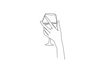 Continuous one line drawing of wine glass in hand. Single line design of wine glass .Vector illustration.
