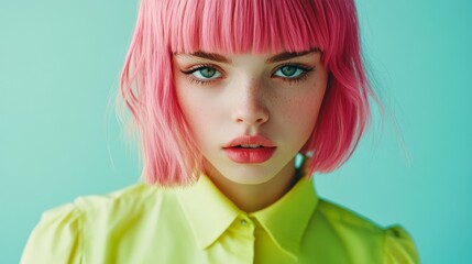 Portrait of a young woman with intense gaze and vibrant pink hair, fashion close-up against teal background, fashion photography