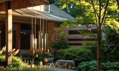 Obraz premium A peaceful backyard scene with a hanging ornament in the foreground, bathed in warm sunlight with autumn leaves and a modern house in the background