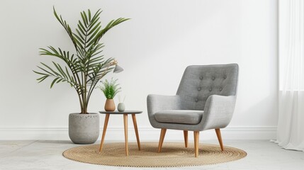 Contemporary living room with gray furniture, light wall, and vintage decor: armchair, table with plant, and round carpet on white background